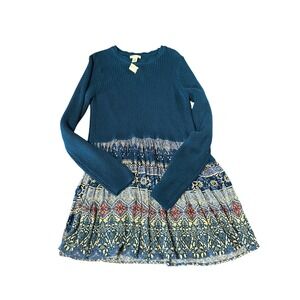 Westbound‎ Teal Blue Knit Top Floral Print Dress Long Sleeve Large NWT
